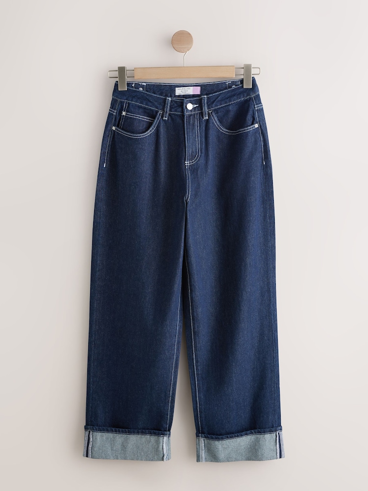 Rinse Blue Boyfriend Hourglass Wide Leg Mid Rise Turn Up Jeans - Image 1 of 3 Rinse Blue Boyfriend Hourglass Wide Leg Mid Rise Turn Up Jeans - Image 1 of 3
