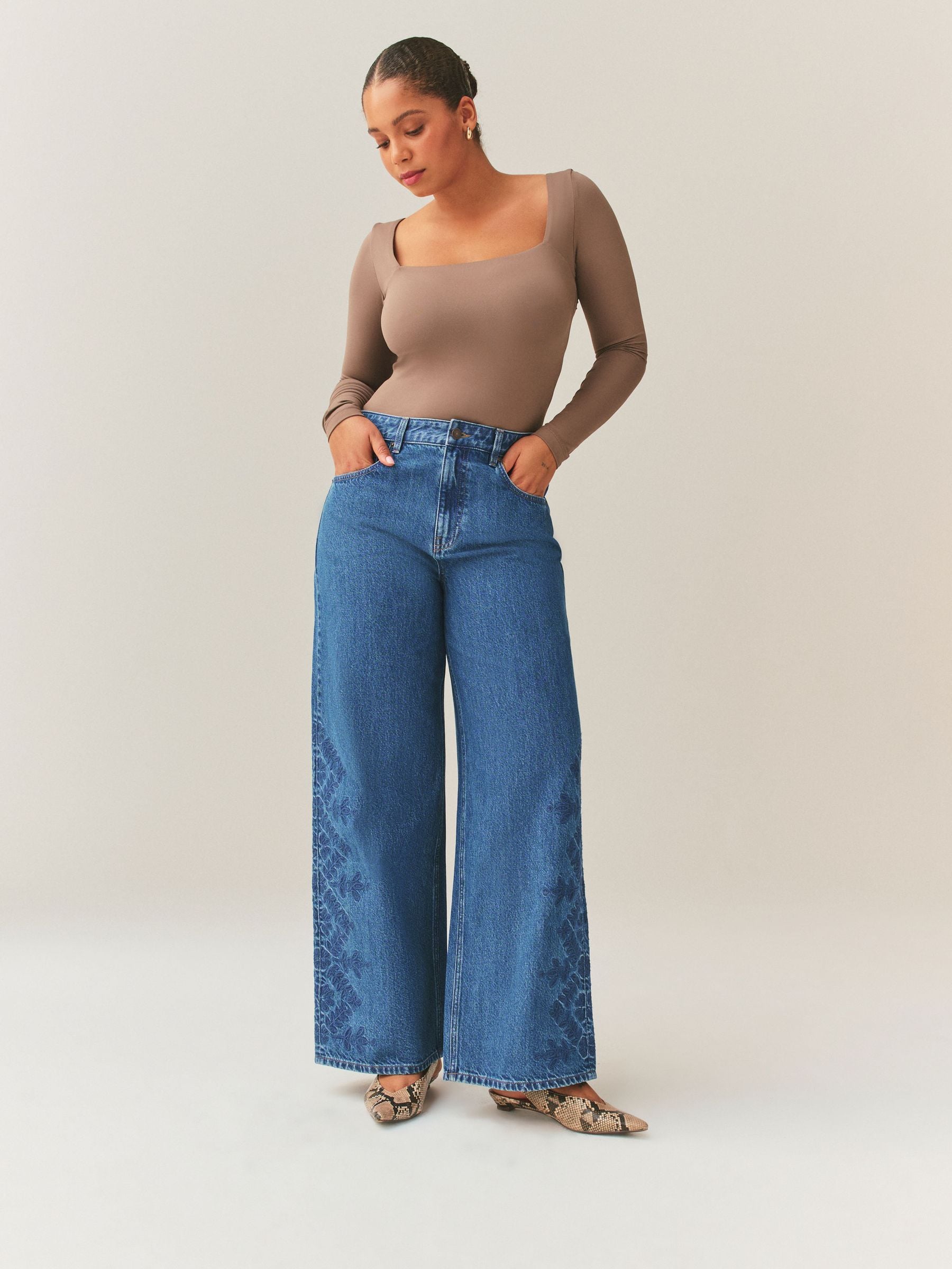 Buy Mid Blue Floral Embroidered Hourglass Wide Leg Denim Jeans