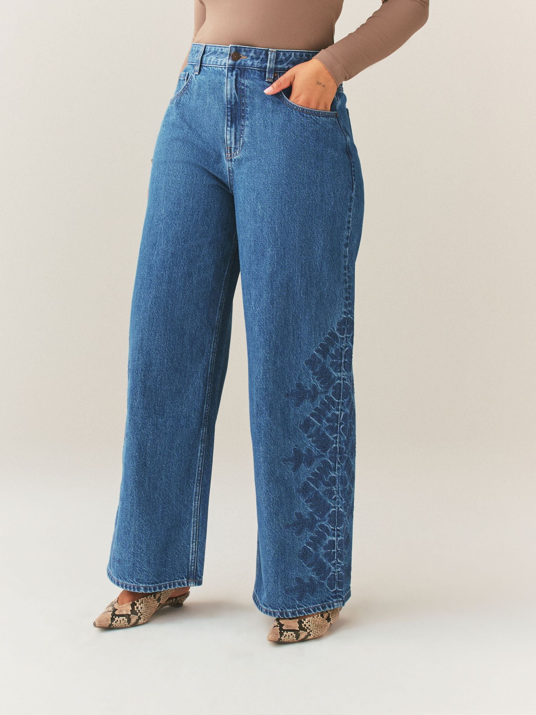 Buy Mid Blue Floral Embroidered Hourglass Wide Leg Jeans from Next USA