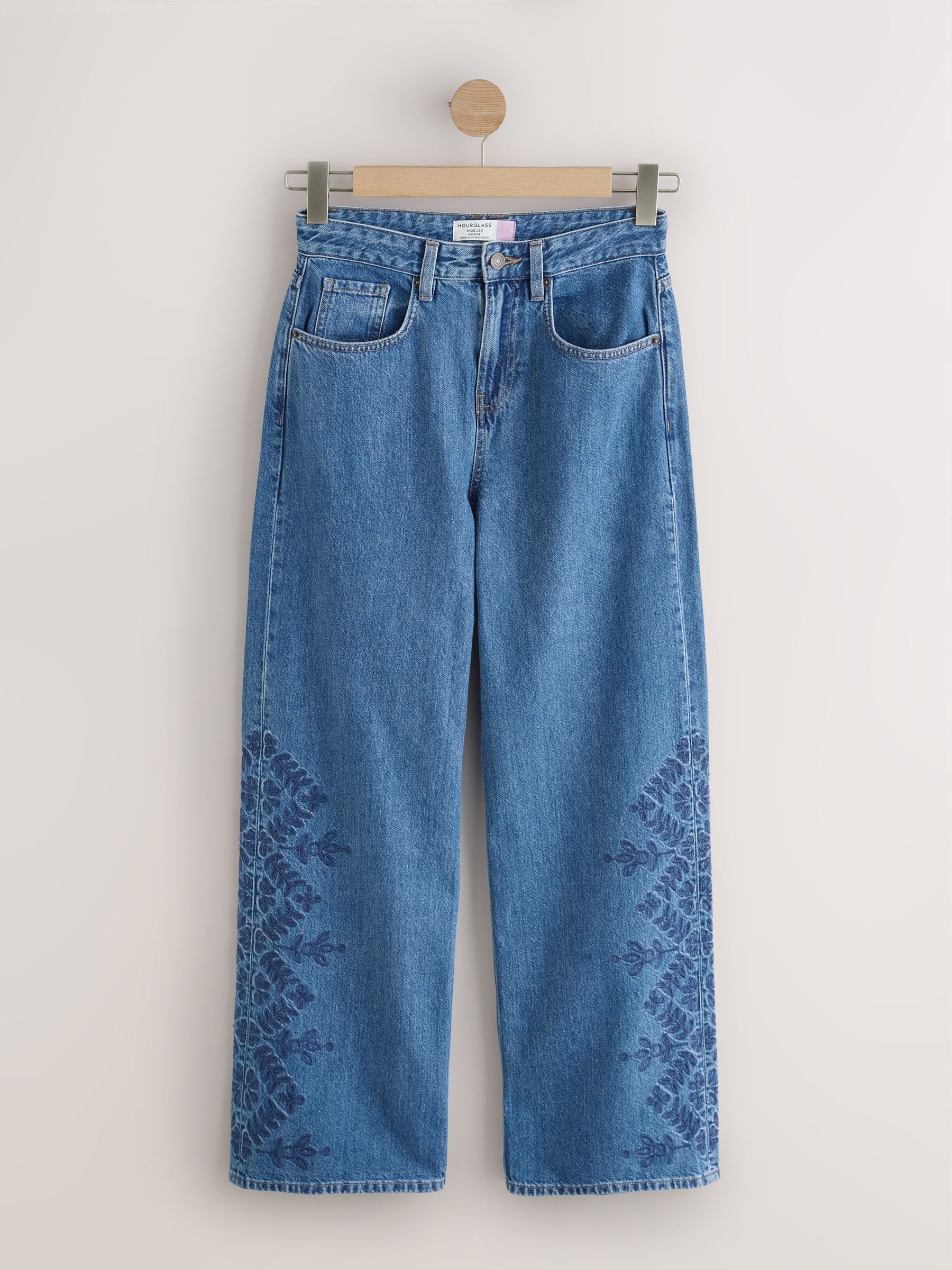 Buy Mid Blue Floral Embroidered Hourglass Wide Leg Denim Jeans