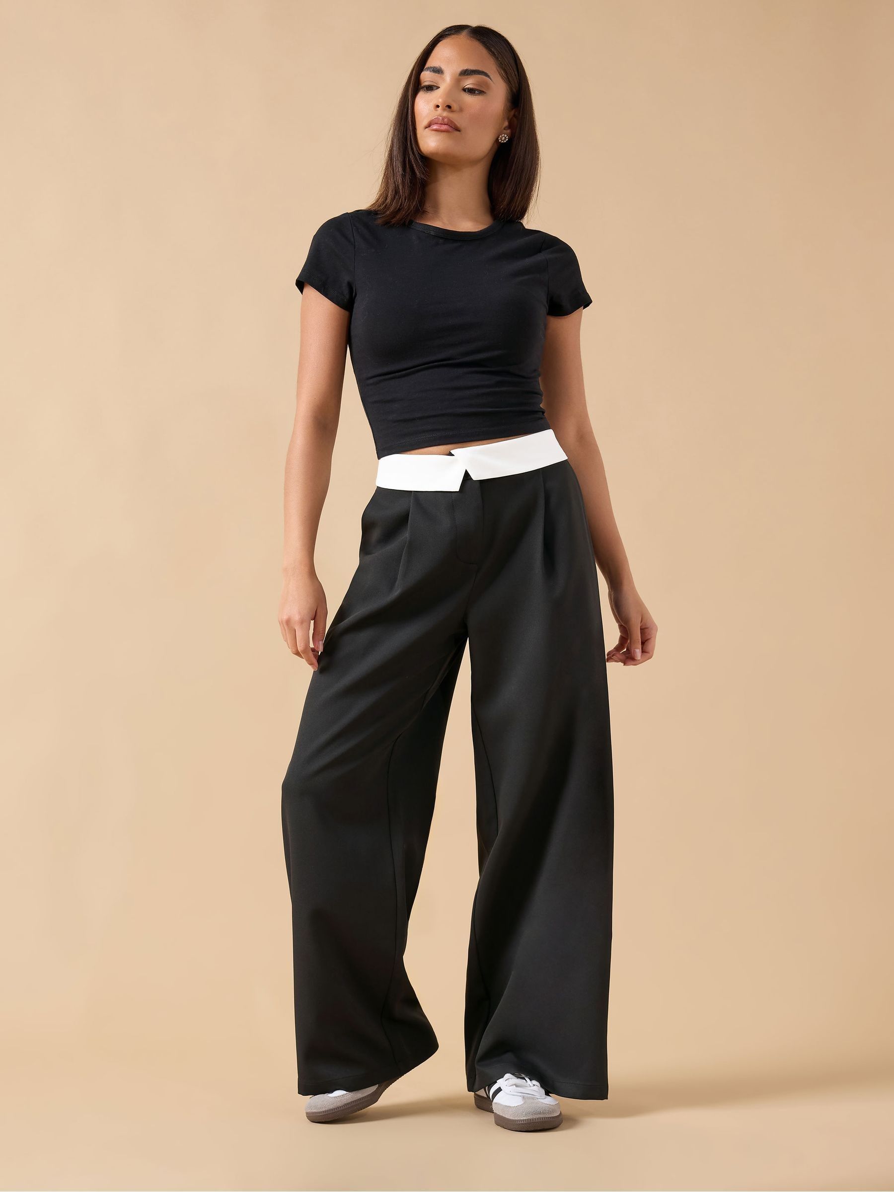 Buy PixieGirl Petite Black Turn Over Waistband Wide Leg Trousers