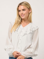 M&Co Cream Petite Dobby Ruffle Blouse - Image 1 of 5