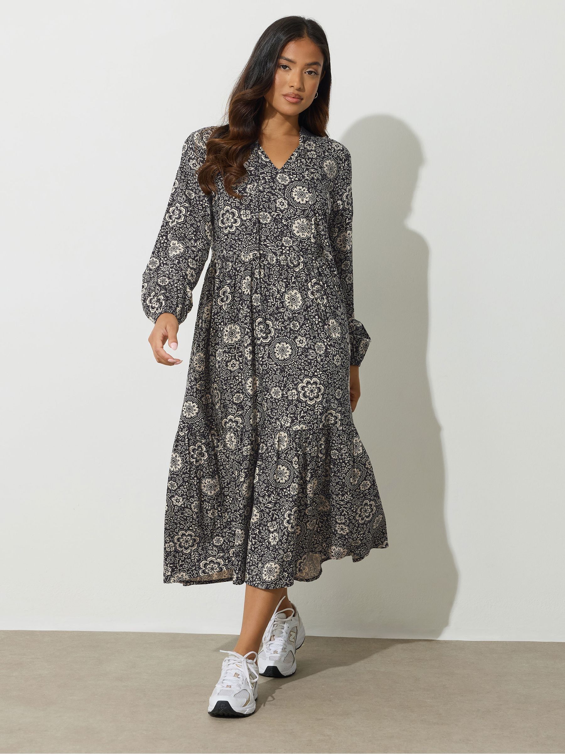 PixieGirl Petite Black Folk Tie Neck Midaxi Dress