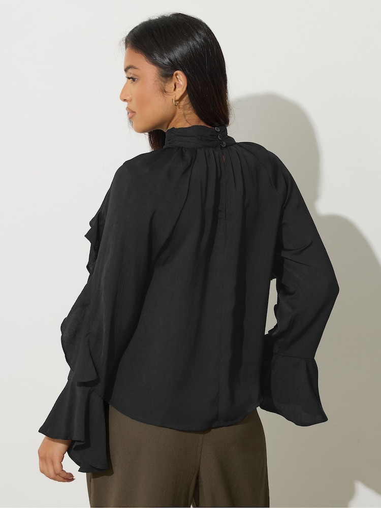 PixieGirl Petite Black Long Sleeve Satin Frill Top - Image 3 of 5