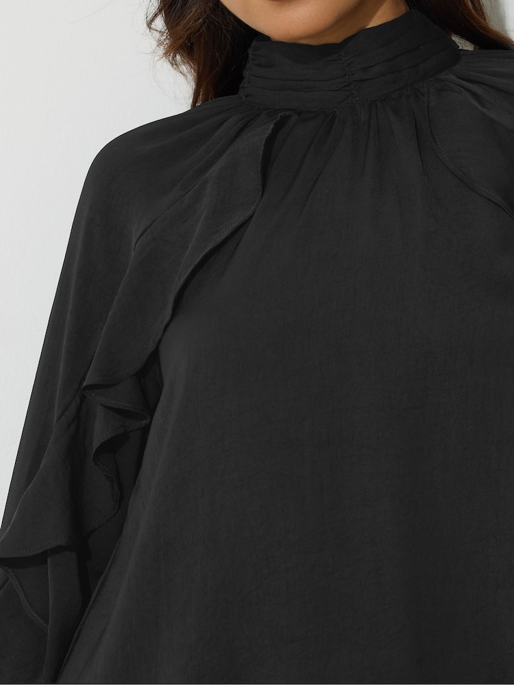 PixieGirl Petite Black Long Sleeve Satin Frill Top - Image 4 of 5