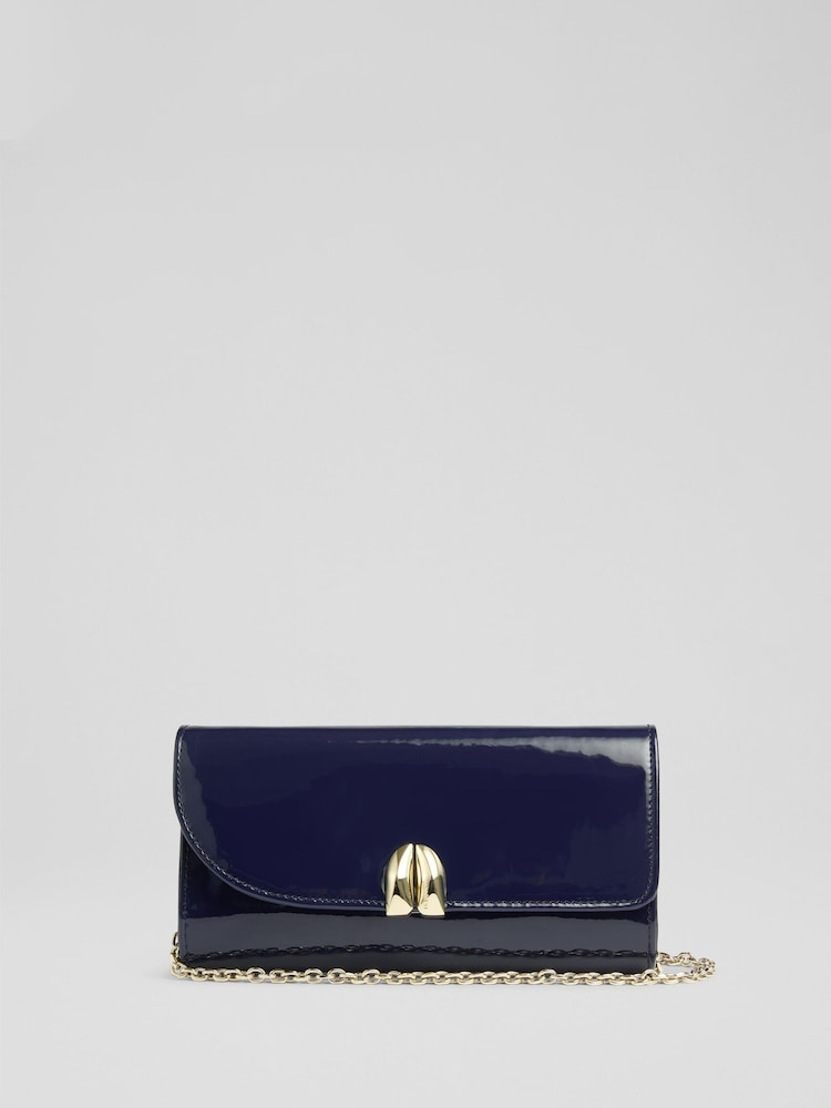 LK Bennett Blue Florence Soft Suede Curve Flap Clutch Bag - Image 1 of 3