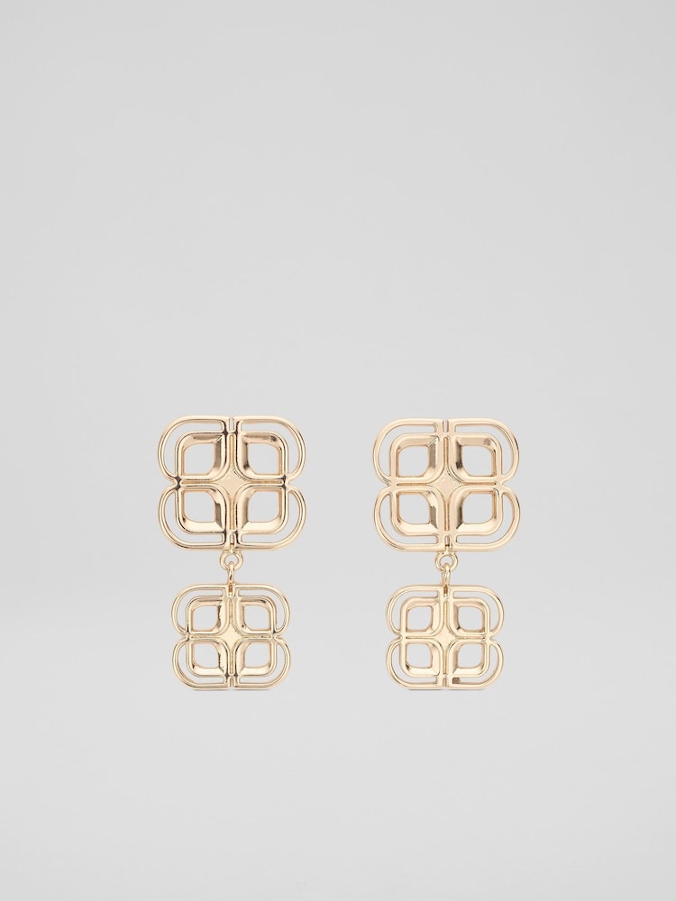LK Bennett Metallic Logo Motif Two Drop Earrings - Image 1 of 2 LK Bennett Metallic Logo Motif Two Drop Earrings - Image 1 of 2