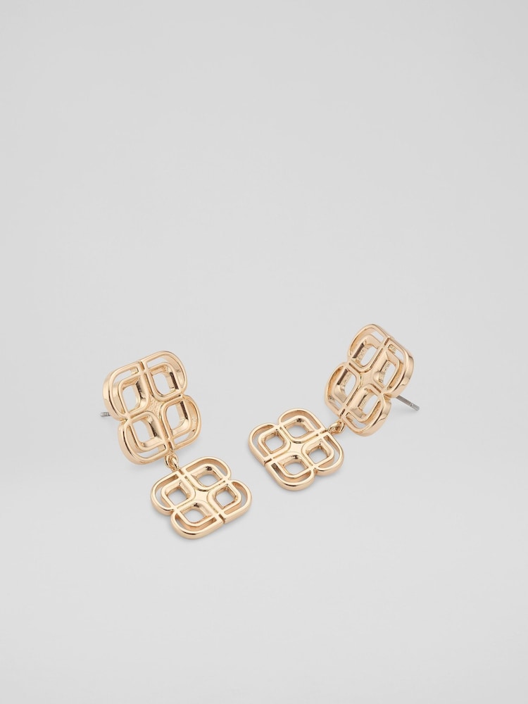 LK Bennett Metallic Logo Motif Two Drop Earrings - Image 2 of 2 LK Bennett Metallic Logo Motif Two Drop Earrings - Image 2 of 2