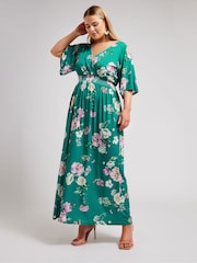 Yours Curve Green London Floral Angel Sleeve Maxi Dress - Image 1 of 4