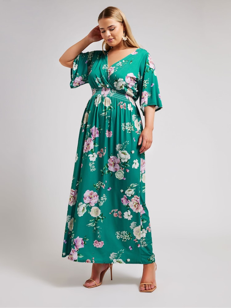 Yours Curve Green London Floral Angel Sleeve Maxi Dress - Image 1 of 4
