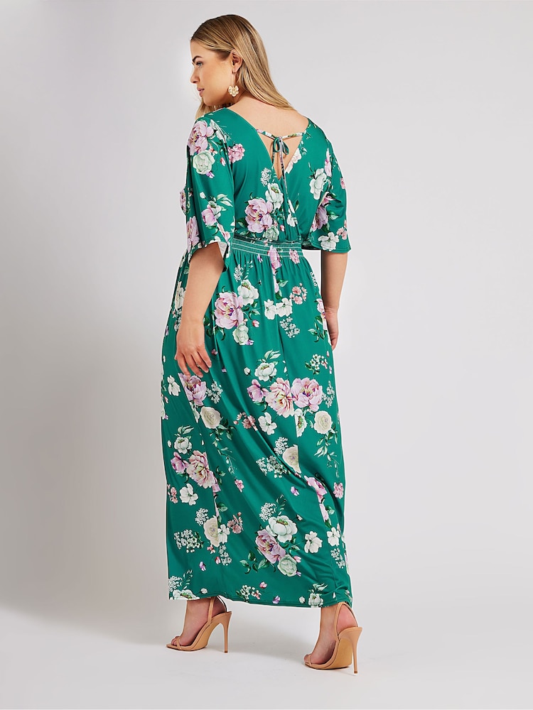 Yours Curve Green London Floral Angel Sleeve Maxi Dress - Image 2 of 4
