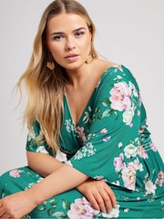 Yours Curve Green London Floral Angel Sleeve Maxi Dress - Image 3 of 4