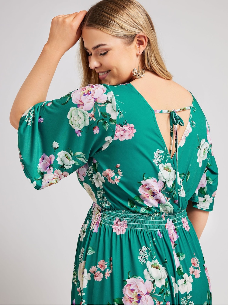Yours Curve Green London Floral Angel Sleeve Maxi Dress - Image 4 of 4
