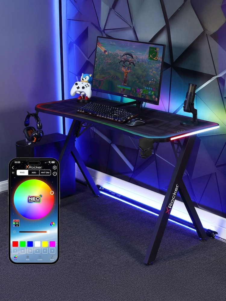 X Rocker Black Lumio Compact Gaming Desk With 3 Sided App Control Lighting - Image 1 of 6