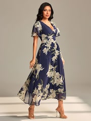 Jolie Moi Blue Layered Angel Sleeve Chiffon Maxi Dress - Image 4 of 6