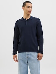 JACK & JONES Blue Long Sleeve Knit Polo Shirt - Image 1 of 6