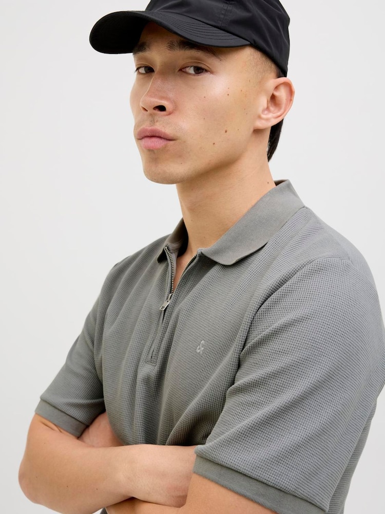 JACK & JONES Grey Quarter Zip Short Sleeve Polo Shirt - Image 1 of 1 JACK & JONES Grey Quarter Zip Short Sleeve Polo Shirt - Image 1 of 1