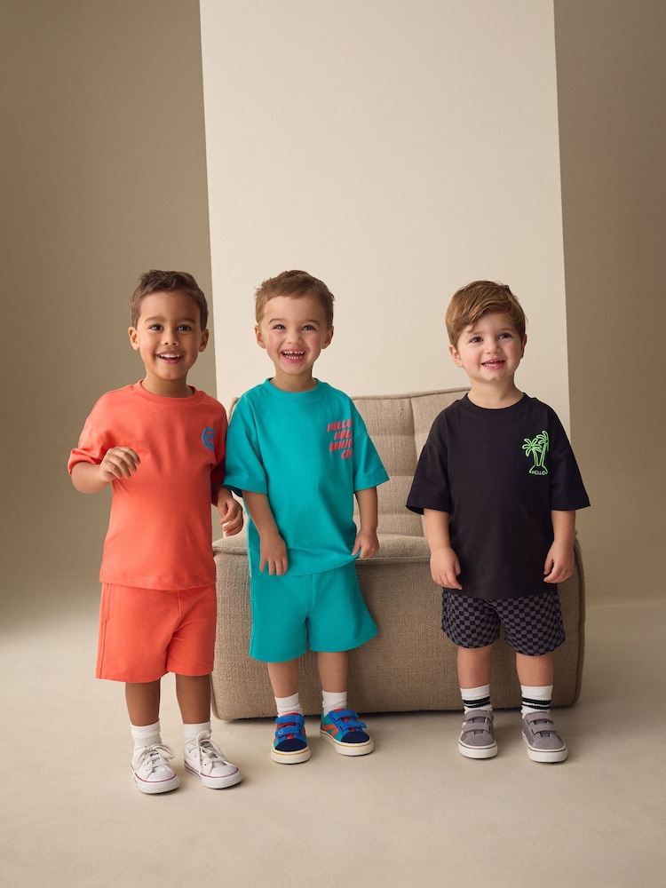 Coral/Aqua/Black Slogan Short Sleeve T-Shirt and Shorts Set 3 Pack (3mths-7yrs) - Image 1 of 11