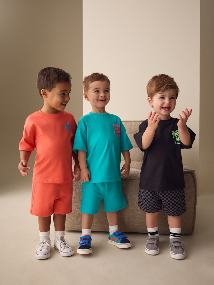 Coral/Aqua/Black Slogan Short Sleeve T-Shirt and Shorts Set 3 Pack (3mths-7yrs) - Image 2 of 11