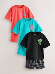 Coral/Aqua/Black Slogan Short Sleeve T-Shirt and Shorts Set 3 Pack (3mths-7yrs) - Image 3 of 11