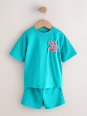 Coral/Aqua/Black Slogan Short Sleeve T-Shirt and Shorts Set 3 Pack (3mths-7yrs) - Image 7 of 11