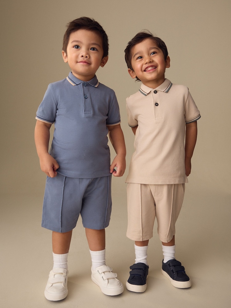Blue/Neutral Short Sleeve Polo and Shorts Set 2 Pack (3mths-7yrs) - Image 1 of 11