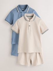 Blue/Neutral Short Sleeve Polo and Shorts Set 2 Pack (3mths-7yrs) - Image 5 of 11