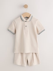 Blue/Neutral Short Sleeve Polo and Shorts Set 2 Pack (3mths-7yrs) - Image 6 of 11