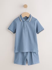 Blue/Neutral Short Sleeve Polo and Shorts Set 2 Pack (3mths-7yrs) - Image 9 of 11