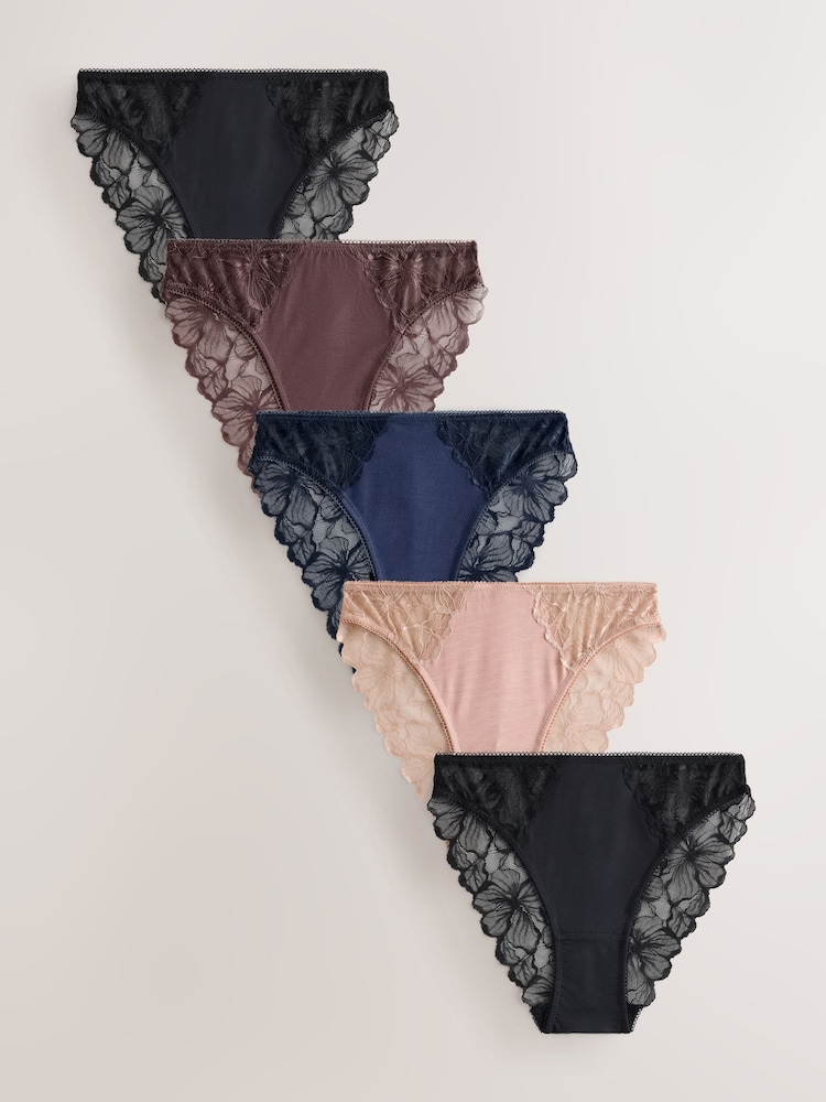 Black/Navy/Praline Nude High Leg Modal & Lace Knickers 5 Pack - Image 1 of 9 Black/Navy/Praline Nude High Leg Modal & Lace Knickers 5 Pack - Image 1 of 9