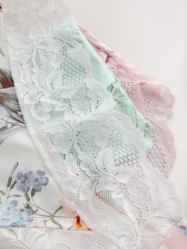 Cream Floral/Green/Pink High Rise High Leg Microfibre & Lace High Waist Knickers 3 Pack - Image 10 of 10