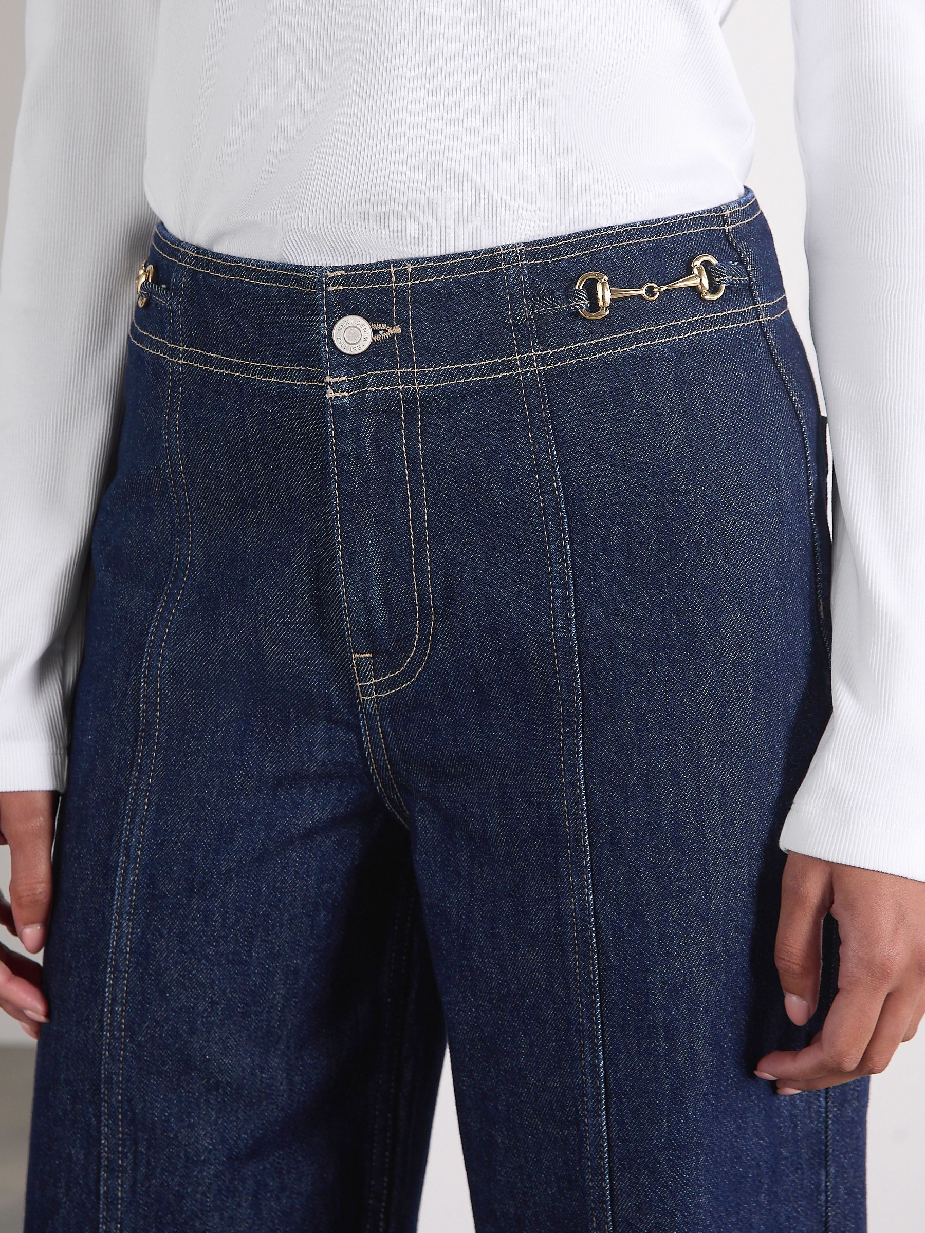 Buy Dark Blue Gold Horsebit Detail High Rise Wide Leg Jeans from