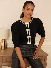 Love & Roses Black and Cream Tipped Bow Cosy Knit Cardigan - Image 1 of 4