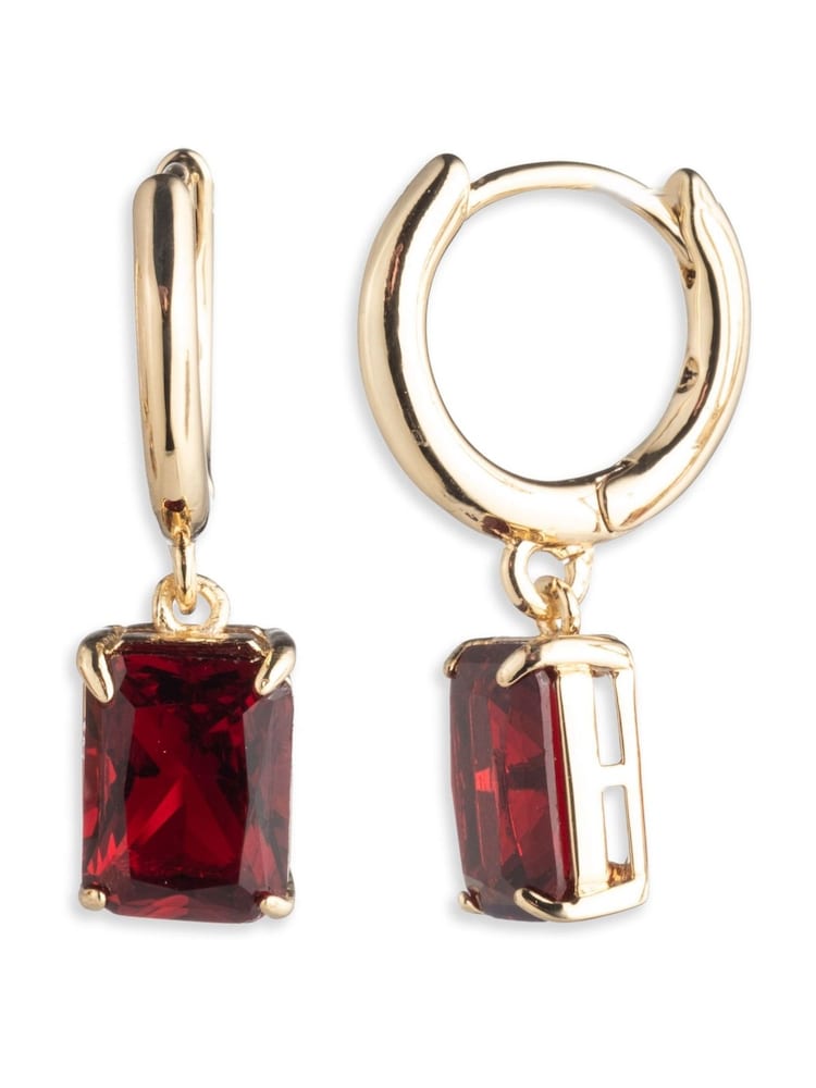 Lauren Ralph Lauren Gold Gold Tone12mm Huggie Earrings with Red Crystal Drop - Image 1 of 2 Lauren Ralph Lauren Gold Gold Tone12mm Huggie Earrings with Red Crystal Drop - Image 1 of 2