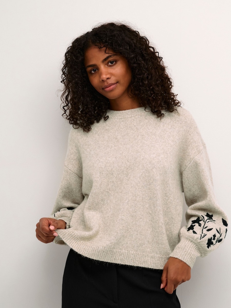 Kaffe Grey KAlisette Knit Embellished Sleeve Jumper - Image 1 of 6