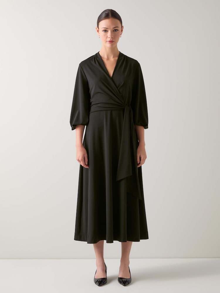LK Bennett Black Aiper Polyester V-Neck Jersey Dress With Tie Front - Image 1 of 3 LK Bennett Black Aiper Polyester V-Neck Jersey Dress With Tie Front - Image 1 of 3