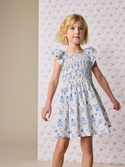 Blue Floral Smocked Frill Sleeve Dress (3-16yrs) - Image 1 of 7