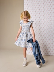 Blue Floral Smocked Frill Sleeve Dress (3-16yrs) - Image 2 of 7