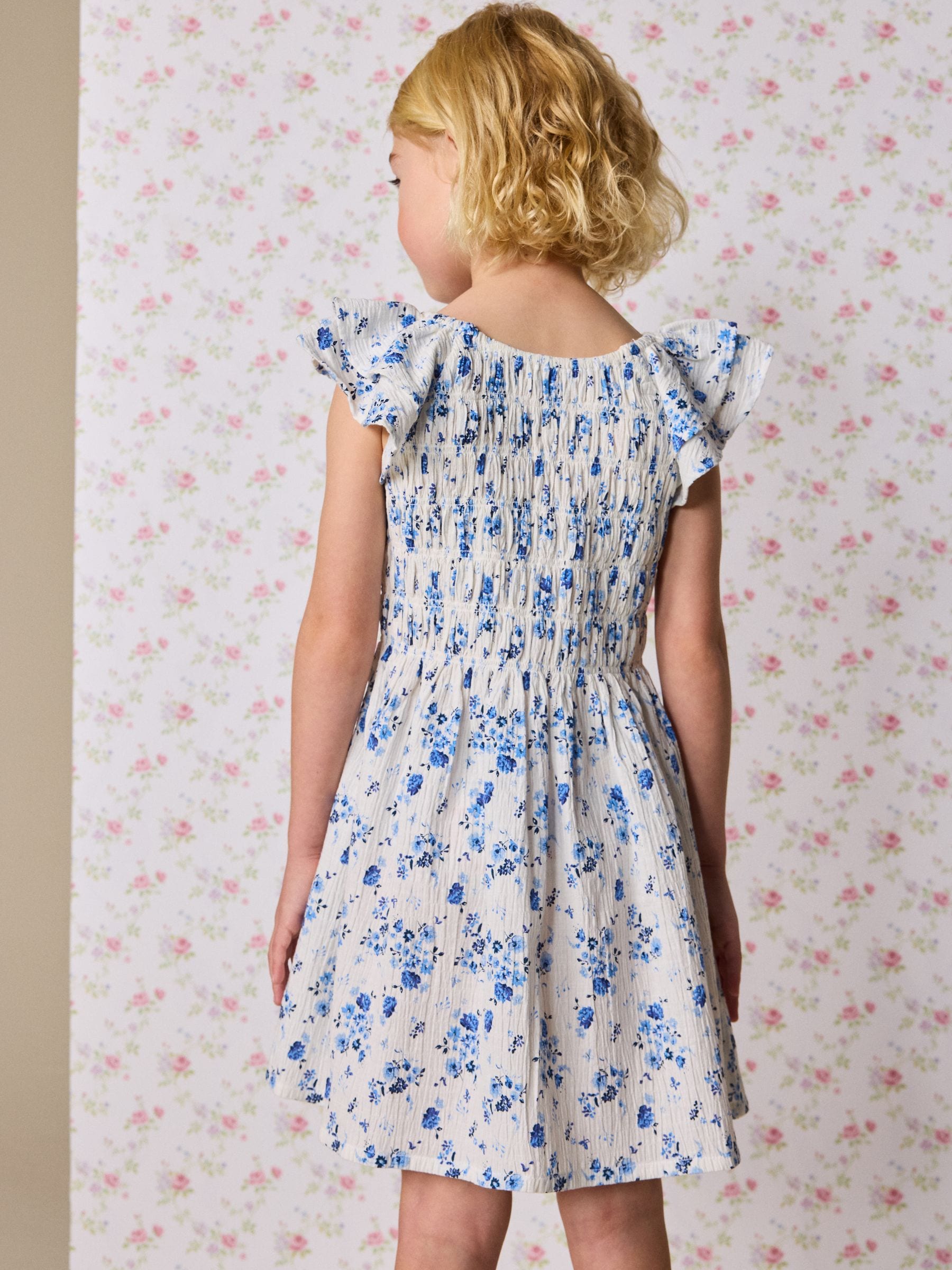 Buy Blue Floral Smocked Frill Sleeve Dress (3-16yrs) from Next USA