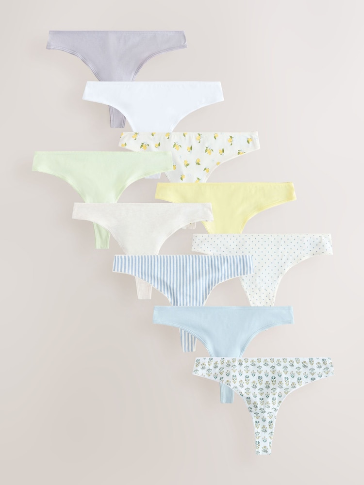 Yellow/White Thong Full Briefs Cotton Knickers 10 Pack - Image 1 of 13