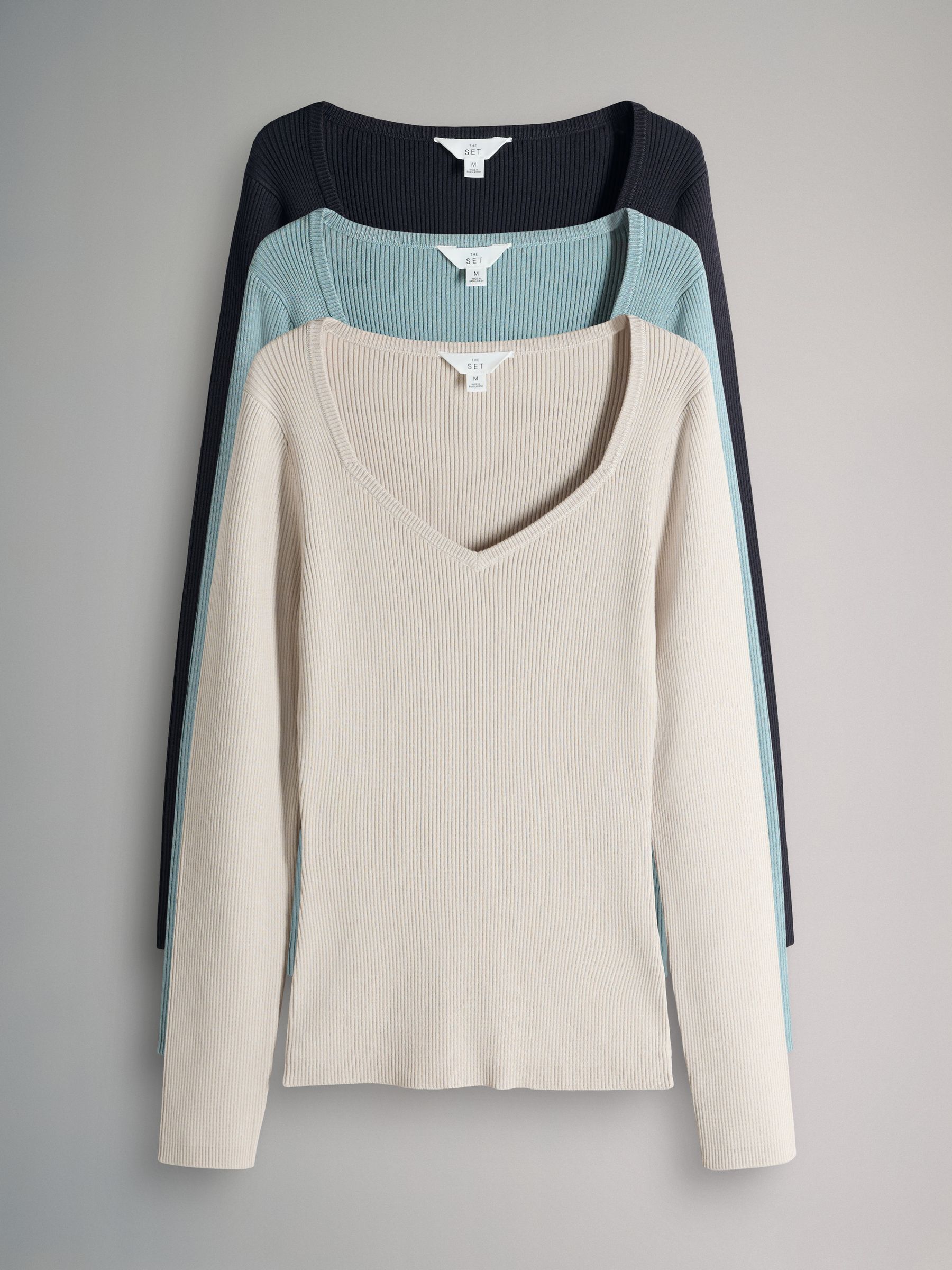 Buy The Set 3 Pack Knitted Sweatheart Long Sleeve Tops Navy Blue