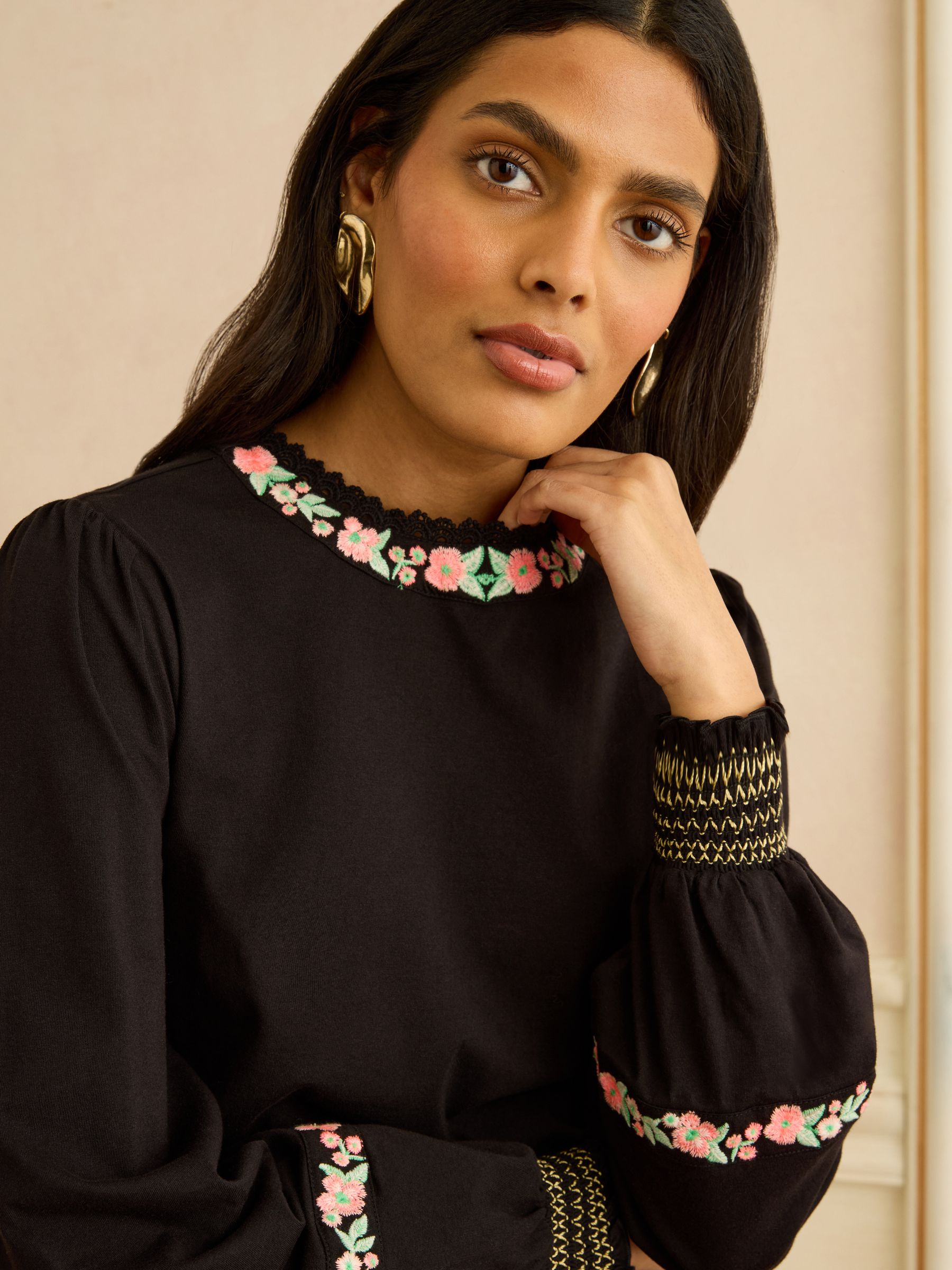 Buy Love & Roses Black Floral Embroidered Long Sleeve Jersey Top