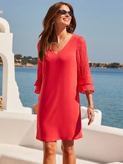 Sosandar Red Sheer Sleeve Shift Dress - Image 1 of 5