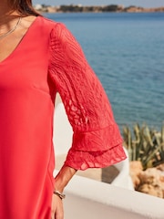 Sosandar Red Sheer Sleeve Shift Dress - Image 2 of 5