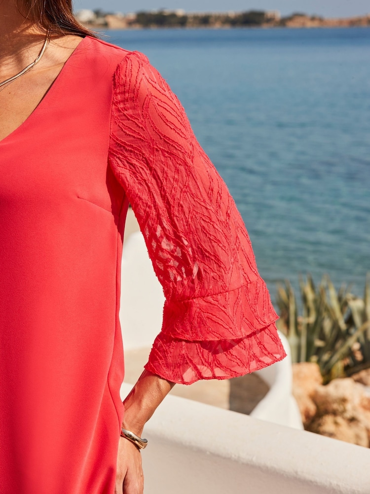 Sosandar Red Sheer Sleeve Shift Dress - Image 2 of 5