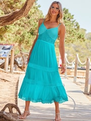 Sosandar Blue Crochet Detail Tiered Hem Maxi Dress - Image 1 of 5