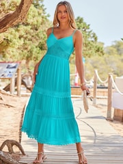 Sosandar Blue Crochet Detail Tiered Hem Maxi Dress - Image 2 of 5