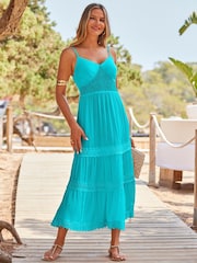 Sosandar Blue Crochet Detail Tiered Hem Maxi Dress - Image 3 of 5