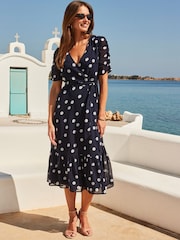 Sosandar Blue Spot Print Belted Faux Wrap Dress - Image 1 of 5