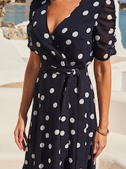 Sosandar Blue Spot Print Belted Faux Wrap Dress - Image 2 of 5